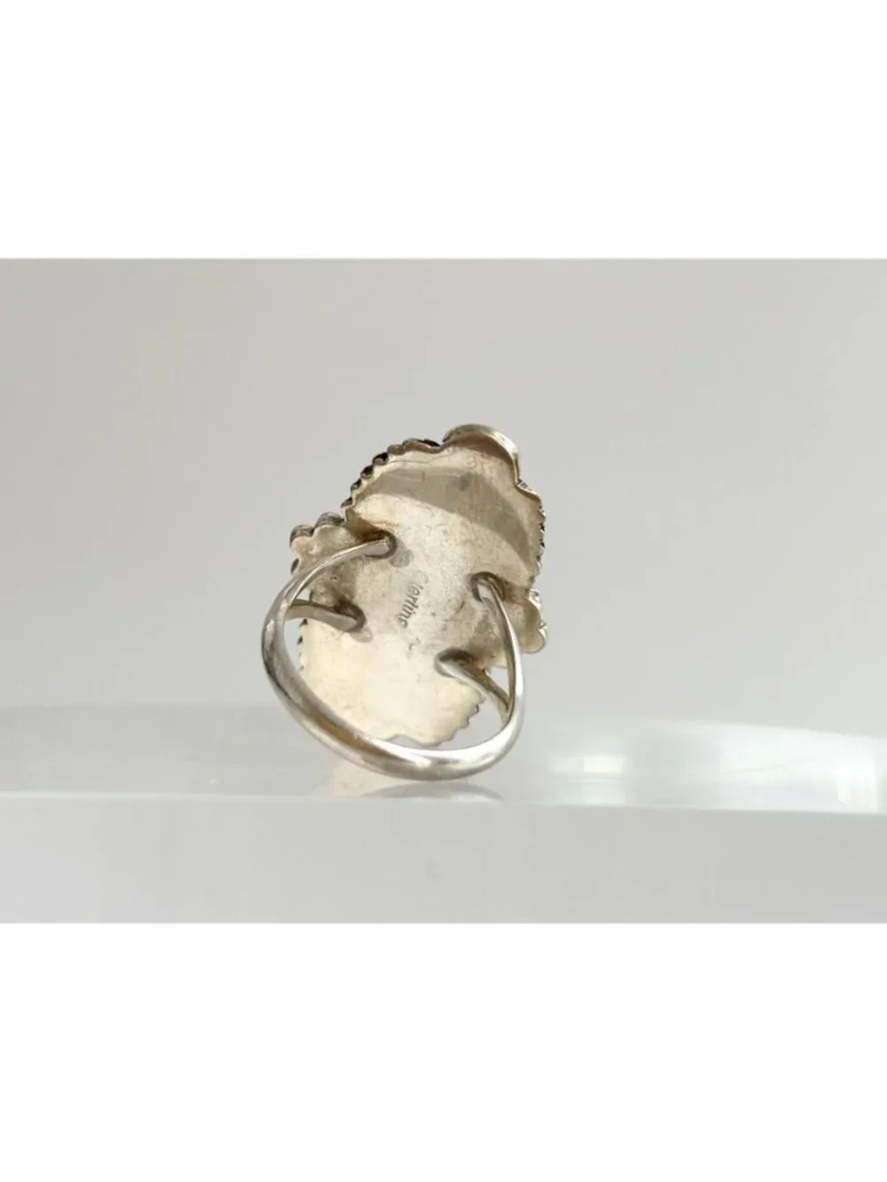 Navajo Made Black Onyx Leaf Accented Sterling Silver 925 Vintage Ring - sz 6.75